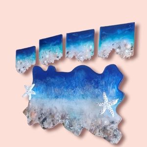 Handmade resin ocean coaster & tray set
